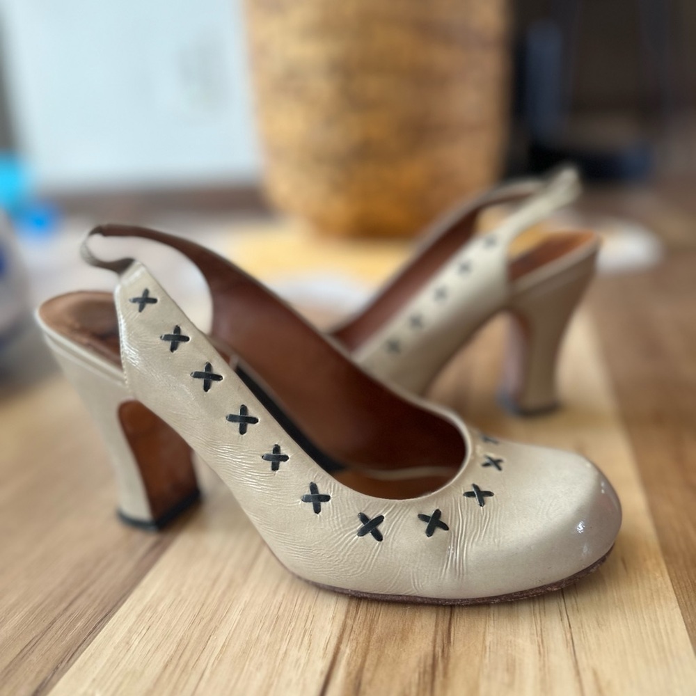 John Fluevog Cream Heels with Black Accents